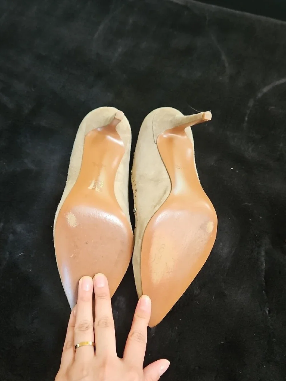 Coach Scalloped Suede Pointed-Toe Pumps in Beige with Stud Accents - Picture 3 of 5